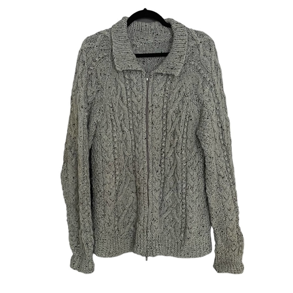 Hand Knit Wool Zip Front Cardigan Sweater Blue Large Extra Large
